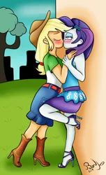 Size: 728x1200 | Tagged: suggestive, artist:bandijones, derpibooru import, applejack, rarity, equestria girls, equestria girls series, rollercoaster of friendship, against wall, ahegao, blushing, female, high heels, kissing, lesbian, open mouth, passionate, rarijack, shipping, shoes