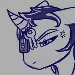 Size: 1280x1280 | Tagged: safe, artist:the-chimaera-draws, derpibooru import, oc, oc:relic rune, unofficial characters only, pony, unicorn, bust, car keys, cross-popping veins, horn ring, monochrome, simple background, unamused, unicorn problems, white background