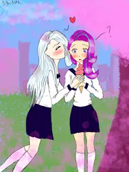 Size: 3000x4000 | Tagged: safe, artist:marie-tea-chan, derpibooru import, starlight glimmer, trixie, human, equestria girls, anime, female, food, hair, humanized, ice cream, japanese, lesbian, love, shipping, startrix