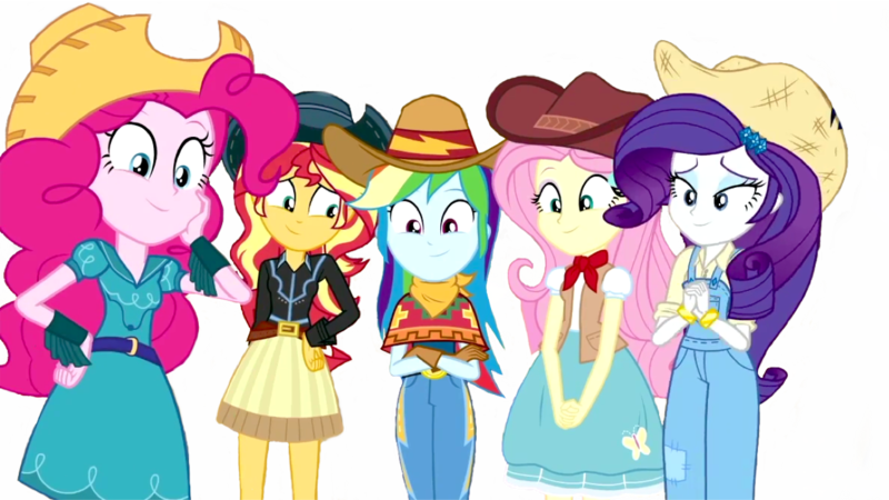 Size: 1280x720 | Tagged: safe, derpibooru import, edit, edited screencap, editor:lonely fanboy48, screencap, fluttershy, pinkie pie, rainbow dash, rarity, sunset shimmer, equestria girls, equestria girls series, five to nine, background removed, clothes, cowgirl, cute, happy, simple background, transparent background