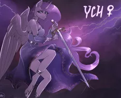 Size: 1300x1050 | Tagged: alicorn, alicorn oc, anthro, anthro oc, artist:alicesmitt31, auction, clothes, commission, derpibooru import, digital art, female, hoof shoes, looking sideways, mare, oc, safe, signature, solo, sword, thunder, unguligrade anthro, unofficial characters only, weapon, ych example, your character here