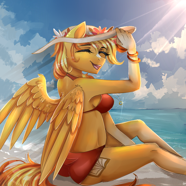 Size: 1000x1000 | Tagged: anthro, anthro oc, arm band, artist:alicesmitt31, beach, breasts, cloud, derpibooru import, digital art, female, happy, hat, mare, oc, oc:serenity, open mouth, pegasus, signature, sitting, smiling, solo, suggestive, summer, unguligrade anthro, unofficial characters only, water