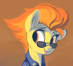 Size: 1533x1385 | Tagged: safe, artist:dimfann, derpibooru import, spitfire, pony, :p, bust, clothes, cute, cutefire, female, looking away, looking sideways, mare, portrait, silly, solo, sunglasses, tongue out
