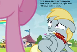 Size: 1080x720 | Tagged: amber waves, chirpy hooves, cropped, derpibooru import, discord lamp, edit, edited screencap, feather, frightened, implied derpy, implied dinky, pennant, pinkie pie, safe, screencap, stuttering, tent, terrified, text, trade ya