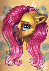 Size: 2840x4098 | Tagged: safe, artist:gaelledragons, derpibooru import, fluttershy, pony, bust, ear fluff, female, floppy ears, looking at you, looking sideways, mare, portrait, solo, stray strand, three quarter view, traditional art