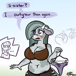 Size: 640x640 | Tagged: ..., anthro, artist:glimglam, big breasts, blushing, breasts, chubby, clothes, clothes hanger, cow, cowified, derpibooru import, dialogue, marble pie, maud pie, mooble pie, panties, plump, ripped pants, species swap, suggestive, underwear, wardrobe malfunction, weight gain