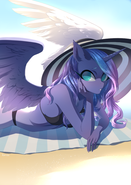 Size: 905x1280 | Tagged: alicorn, anthro, artist:glorious-rarien, beach, beach blanket, bikini, clothes, derpibooru import, female, hat, mare, princess luna, prone, safe, solo, sun hat, swimsuit