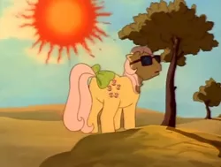 Size: 1018x768 | Tagged: safe, derpibooru import, screencap, posey, pony, the magic coins, cloud, g1, hot, sky, sun, sunglasses, tree