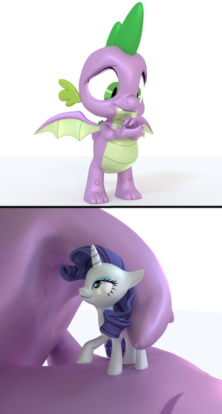 Size: 2000x3731 | Tagged: questionable, artist:ari ardwolf, artist:ghost reviews, deleted from derpibooru, derpibooru import, rarity, spike, dragon, unicorn, 3d, blender, cute, female, macro, male, micro, shipping, size difference, small, sparity, straight, tiny, winged spike