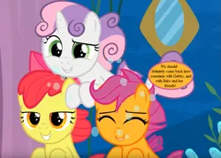 Size: 875x625 | Tagged: adorabloom, apple bloom, bow, cropped, cute, cutealoo, cutie mark crusaders, derpibooru import, diasweetes, edit, edited screencap, hair bow, implied babs, implied gabby, safe, scootaloo, screencap, sea-mcs, seaponified, seapony apple bloom, seapony (g4), seapony scootaloo, seapony sweetie belle, seaquestria, smiling, species swap, speech bubble, surf and/or turf, sweetie belle, text