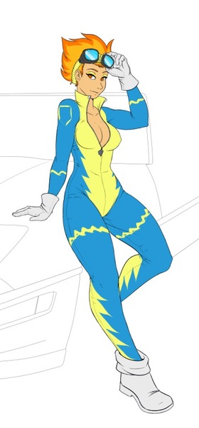 Size: 380x813 | Tagged: artist:bumblebun, breasts, cleavage, clothes, derpibooru import, goggles, human, humanized, pinup, spitfire, suggestive, uniform, wip, wonderbolts uniform