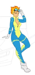 Size: 380x813 | Tagged: artist:bumblebun, breasts, cleavage, clothes, derpibooru import, goggles, human, humanized, pinup, spitfire, suggestive, uniform, wip, wonderbolts uniform