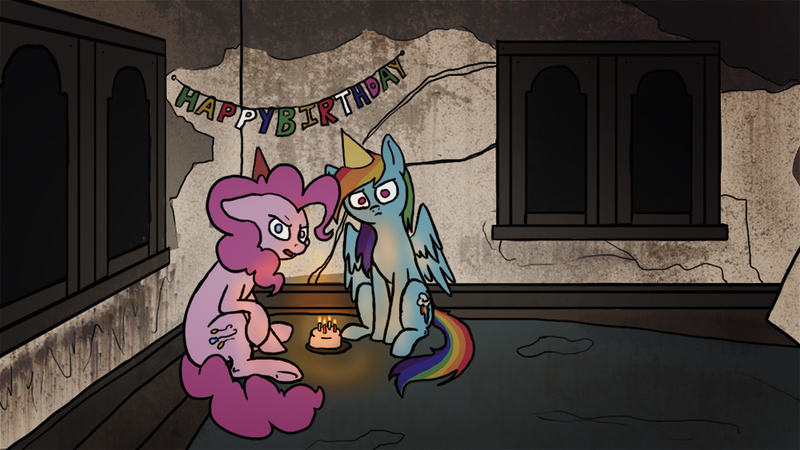 Size: 1000x563 | Tagged: artist:slamjam, birthday, cake, creepy, cursed image, derpibooru import, food, hat, party hat, pinkie pie, ponified meme, rainbow dash, safe