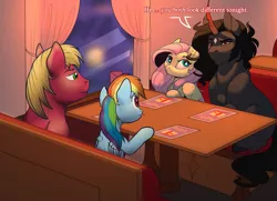 Size: 2321x1680 | Tagged: safe, artist:evehly, artist:karmadash, derpibooru import, big macintosh, fluttershy, king sombra, rainbow dash, pegasus, pony, unicorn, collaboration, crack shipping, double date, female, male, mare, rainbowmac, restaurant, shipping, sombrashy, straight, talking