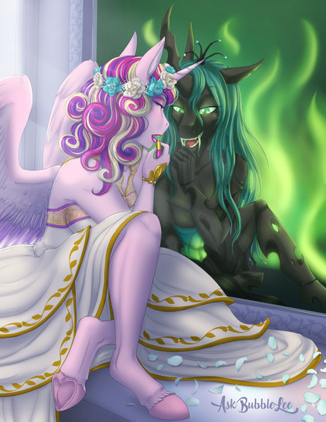 Size: 1545x2000 | Tagged: a canterlot wedding, alicorn, altered reflection, anthro, artist:askbubblelee, bronycon 2018, changeling, changeling queen, clothes, derpibooru import, disguise, disguised changeling, dress, fake cadance, female, lipstick, mare, mirror, princess cadance, print, queen chrysalis, reflection, safe, scene interpretation, sharp teeth, solo, teeth, this day aria, underhoof, unguligrade anthro, wedding dress