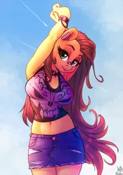 Size: 896x1280 | Tagged: safe, alternate version, artist:atryl, artist:siden, derpibooru import, edit, editor:jamalleymall, oc, oc:pumpkin lily, unofficial characters only, anthro, earth pony, anthro oc, arm behind head, armpits, beautiful, bedroom eyes, belly button, breasts, clothes, cloud, collaboration, cute, denim skirt, female, looking at you, mare, midriff, miniskirt, shirt, signature, skirt, sky, solo, stretching, ych result