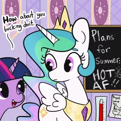 Size: 1650x1650 | Tagged: safe, artist:tjpones, derpibooru import, princess celestia, twilight sparkle, alicorn, pony, chalkboard, comments more entertaining, cute, dialogue, duo, eye contact, featured image, female, frown, image, looking at each other, looking back, mare, open mouth, png, raised eyebrow, smiling, spread wings, summer, thermometer, vulgar, wide eyes, wings