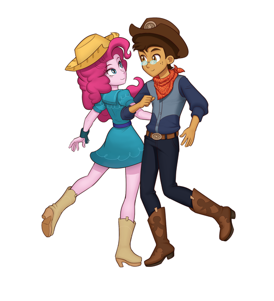 Size: 2055x2256 | Tagged: safe, artist:anon_bardos, derpibooru import, pinkie pie, oc, oc:copper plume, equestria girls, belt, belt buckle, boots, canon x oc, clothes, commission, commissioner:imperfectxiii, copperpie, cowboy boots, cowboy hat, cowgirl outfit, dancing, farmer pinkie, freckles, glasses, hat, neckerchief, pants, shirt, shoes, simple background, smiling, square dance, white background