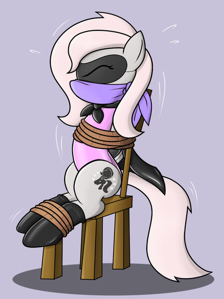 Size: 1024x1365 | Tagged: arm behind back, artist:nivek15, bondage, boots, bound and gagged, box tied, cape, captured, chair, clothes, cloth gag, damsel in distress, derpibooru import, eyes closed, gag, hero, leotard, mask, oc, oc:violet, rope, rope bondage, rubber, shoes, sitting, solo, struggling, suggestive, tied up, unofficial characters only