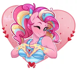 Size: 2200x2000 | Tagged: safe, artist:hiloumuns, derpibooru import, pinkie pie, anthro, earth pony, clothes, cute, diapinkes, female, heart, lip bite, mare, one eye closed, rainbow power, solo, tanktop, wink