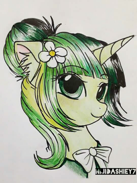 Size: 1024x1366 | Tagged: safe, artist:nijidashiey7, derpibooru import, oc, oc:camellia yasmina, unicorn, bangs, bun hairstyle, bust, ear fluff, female, flower, flower in hair, looking at you, mare, ribbon, simple background, smiley face, smiling, smiling at you, solo, white background