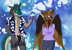 Size: 2000x1400 | Tagged: anthro, anthro oc, artist:coffeevixxen, blushing, clothes, commission, crossed arms, cupcake, derpibooru import, female, food, gift art, islandwaves, male, mare, oc, oc:island breeze, oc:rogue wave, open clothes, original species, pants, safe, shark pony, shirt, tiger shark pony, unofficial characters only
