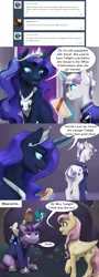 Size: 1320x3681 | Tagged: safe, artist:silfoe, derpibooru import, fluttershy, nightmare moon, twilight sparkle, twilight velvet, alicorn, bird, blue jay, cockatoo, parakeet, pegasus, pony, unicorn, moonsetmlp, alternate timeline, ask, blushing, clothes, crown, fangs, female, jewelry, magic, mare, pacific parrotlet, potoo, regalia, slit eyes, speech bubble, telekinesis, tumblr, unicorn twilight, uniform