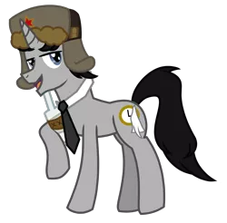 Size: 1852x1825 | Tagged: safe, artist:rodan00, derpibooru import, oc, oc:ragtime melody, unofficial characters only, unicorn, alcohol, hat, male, request, show accurate, simple background, solo, soviet, stallion, transparent background, ushanka, vector, vodka