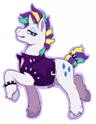 Size: 600x774 | Tagged: safe, artist:kittycoot, derpibooru import, rarity, pony, unicorn, alternate hairstyle, bracelet, clothes, ear piercing, female, jewelry, looking at you, mare, nose piercing, nose ring, piercing, proud, punk, raised hoof, raripunk, simple background, solo, spiked wristband, starry eyes, studded bracelet, white background, wingding eyes, wristband