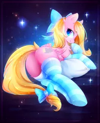 Size: 2641x3240 | Tagged: suggestive, artist:koveliana, derpibooru import, oc, oc:bay breeze, unofficial characters only, pegasus, pony, blonde, blonde hair, blue background, bound, bow, clothes, cutie mark, dock, female, hair bow, hair ribbon, kneesocks, looking at you, looking back, lying, mare, on pillow, pillow, pink, plot, presenting, rear view, smiling, smirk, sock, socks, solo, sparkles, stars, stockings, striped legwear, striped socks, tail bow, thigh highs, underhoof