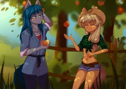 Size: 3508x2480 | Tagged: safe, artist:shiro-roo, derpibooru import, applejack, oc, oc:hiroki, anthro, apple, arm behind head, belly, belly button, canon x oc, clothes, couple, cowboy hat, daisy dukes, dappled sunlight, duo, female, flannel, food, front knot midriff, hat, hirojack, kimono (clothing), midriff, orchard, scar, shirt, shirt lift, shorts, smiling, stetson