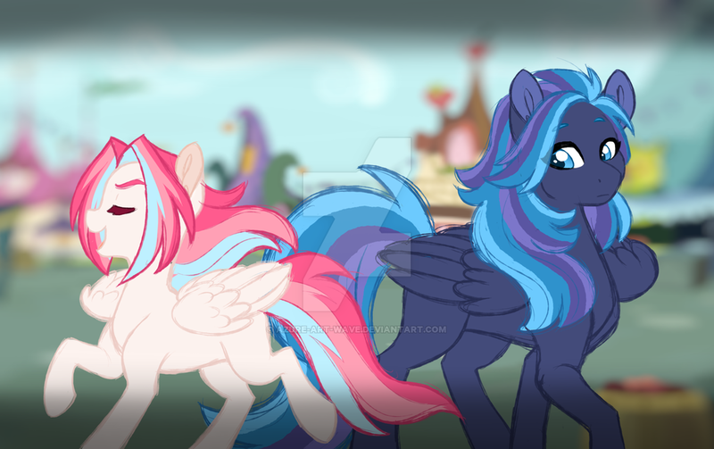 Size: 1024x644 | Tagged: safe, artist:azure-art-wave, derpibooru import, oc, oc:jacqueline, oc:raincloud song, unofficial characters only, pegasus, pony, female, mare, offspring, parent:bulk biceps, parent:fluttershy, parent:rainbow dash, parents:flutterbulk