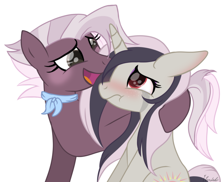 Size: 1485x1221 | Tagged: safe, artist:ipandacakes, derpibooru import, oc, oc:lavender tea, oc:topsy turvy, earth pony, hybrid, pony, unicorn, blushing, female, interspecies offspring, mare, offspring, parent:burnt oak, parent:discord, parent:jasmine leaf, parent:princess celestia, parents:burntleaf, parents:dislestia, simple background, transparent background