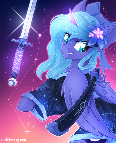 Size: 1200x1469 | Tagged: safe, artist:redchetgreen, derpibooru import, princess luna, alicorn, pony, badass, bow, clothes, constellation, cute, female, flower, flower in hair, glare, glowing horn, glowing mane, grin, hair bow, horn, katana, kimono (clothing), levitation, lunabetes, magic, mare, rearing, samurai, scabbard, smiling, smirk, solo, sword, telekinesis, warrior luna, weapon