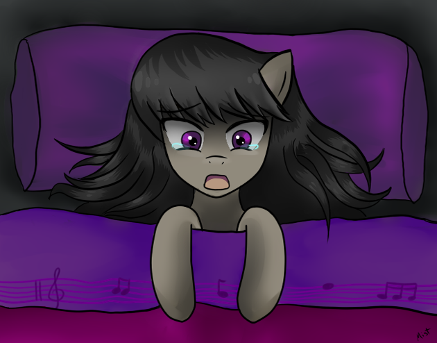 Size: 630x494 | Tagged: safe, artist:atsu-mist, derpibooru import, octavia melody, earth pony, pony, bed, bedding, crying, dark, fear, female, mare, night, nightmare, on bed, open mouth, solo, teary eyes, wingding eyes
