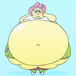 Size: 2000x2000 | Tagged: dead source, suggestive, artist:solitaryscribbles, derpibooru import, fluttershy, human, equestria girls, bbw, belly, belly button, big belly, blue background, blushing, breasts, chubby cheeks, commission, double chin, fat, fattershy, female, finger on cheek, grin, impossibly large belly, morbidly obese, nervous, nervous grin, obese, simple background, smiling, solo, solo female, ssbbw, thunder thighs, weight gain