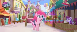 Size: 1280x536 | Tagged: safe, derpibooru import, screencap, mochaccino, pinkie pie, rare find, unnamed pony, earth pony, pony, my little pony: the movie, background pony, canterlot, canterlot shopkeep, cart, female, japanese, male, mare, market, stallion, we got this together