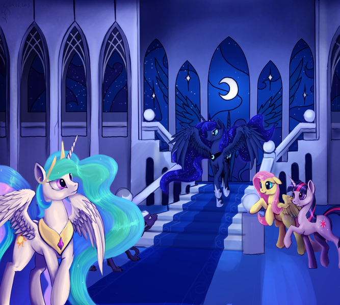 Size: 3000x2700 | Tagged: safe, artist:dalagar, derpibooru import, fluttershy, princess celestia, princess luna, twilight sparkle, oc, alicorn, earth pony, pegasus, pony, castle, female, indoors, interior, majestic, night, sisters, spread wings, stained glass, stairs, wings