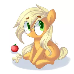 Size: 800x800 | Tagged: safe, artist:dddreamdraw, derpibooru import, applejack, earth pony, pony, apple, beanbrows, cute, eye clipping through hair, eyebrows, female, filly, food, freckles, jackabetes, looking at you, looking sideways, shadow, signature, simple background, sitting, smiling, solo, three quarter view, white background