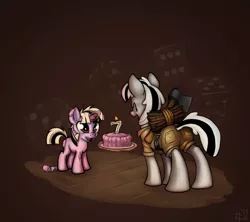 Size: 2790x2480 | Tagged: safe, artist:sharpy, derpibooru import, oc, oc:badluck dice, oc:viendal sparkle, unofficial characters only, pony, unicorn, axe, birthday cake, birthday candles, cake, dice, food, glowing horn, magic, prpg, telekinesis, weapon