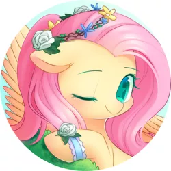 Size: 2000x2000 | Tagged: safe, artist:leafywind, derpibooru import, fluttershy, pegasus, pony, blushing, bush, bust, clothes, cute, female, flower, flower in hair, looking at you, mare, one eye closed, portrait, shyabetes, smiling, solo, starry eyes, wingding eyes, wristband
