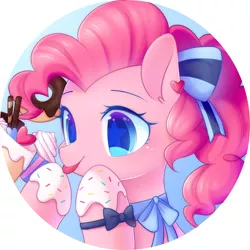 Size: 2000x2000 | Tagged: safe, artist:leafywind, derpibooru import, pinkie pie, earth pony, pony, blushing, bow, bowtie, bust, chocolate, clothes, cupcake, cute, diapinkes, donut, ear piercing, female, food, frosting, hair bow, heart, licking, mare, piercing, portrait, silly, solo, sprinkles, starry eyes, stars, tongue out, wingding eyes, wristband