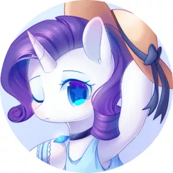 Size: 2000x2000 | Tagged: safe, artist:leafywind, derpibooru import, rarity, pony, unicorn, blushing, bow, bowtie, bust, choker, clothes, cute, female, hat, looking at you, makeup, mare, one eye closed, portrait, raribetes, shirt, solo, starry eyes, stars, wingding eyes, wink, wristband