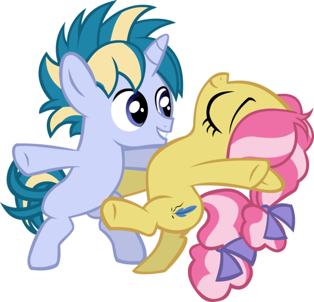Size: 4570x4393 | Tagged: safe, artist:ironm17, derpibooru import, kettle corn, skeedaddle, earth pony, pony, unicorn, absurd resolution, bipedal, cute, dancing, eyes closed, female, grin, kedaddle, kettlebetes, male, shipping, simple background, skeedorable, smiling, straight, transparent background, vector