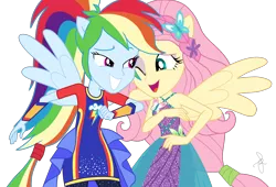 Size: 1590x1080 | Tagged: safe, artist:ilaria122, derpibooru import, fluttershy, rainbow dash, butterfly, equestria girls, equestria girls series, rollercoaster of friendship, alternate hairstyle, braid, clothes, dress, duo, female, flower, flower in hair, one eye closed, pants, ponied up, ponytail, simple background, smiling, super ponied up, transparent background