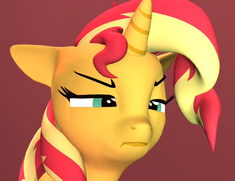 Size: 1398x1080 | Tagged: safe, artist:ponytaku, derpibooru import, sunset shimmer, pony, unicorn, 3d, eyebrows, female, floppy ears, mare, source filmmaker, thinking