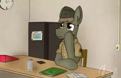Size: 1904x1230 | Tagged: 1st awesome platoon, artist:kamithepony, clock, derpibooru import, duty, marines, monster, oc, oc:rapiddeploy, refrigerator, safe, solo, tired, waiting