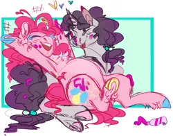 Size: 1173x921 | Tagged: safe, artist:eqq_scremble, derpibooru import, pinkie pie, sugar belle, earth pony, pony, unicorn, abstract background, alternate design, armpits, chubby, colored hooves, equalized, female, food, friendshipping, frog (hoof), frosting, hairtie, icing on nose, laughing, lesbian, shipping, sugarpie, underhoof