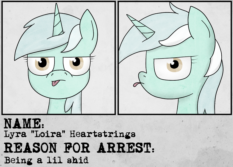 Size: 1784x1280 | Tagged: safe, artist:moonatik, derpibooru import, lyra heartstrings, bored, criminal, l.u.l.s., mugshot, police, semi-vulgar, solo, text, tongue out, u lil shid