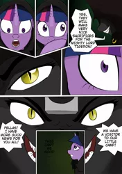 Size: 750x1066 | Tagged: artist:chedx, cloak, close-up, clothes, comic, comic:curse and madness, covering mouth, derpibooru import, dilated pupils, face, fangs, female, golden eyes, hooded cape, mare, mlpcam, semi-grimdark, slit eyes, snake eyes, text bubbles, toothy grin, twilight sparkle